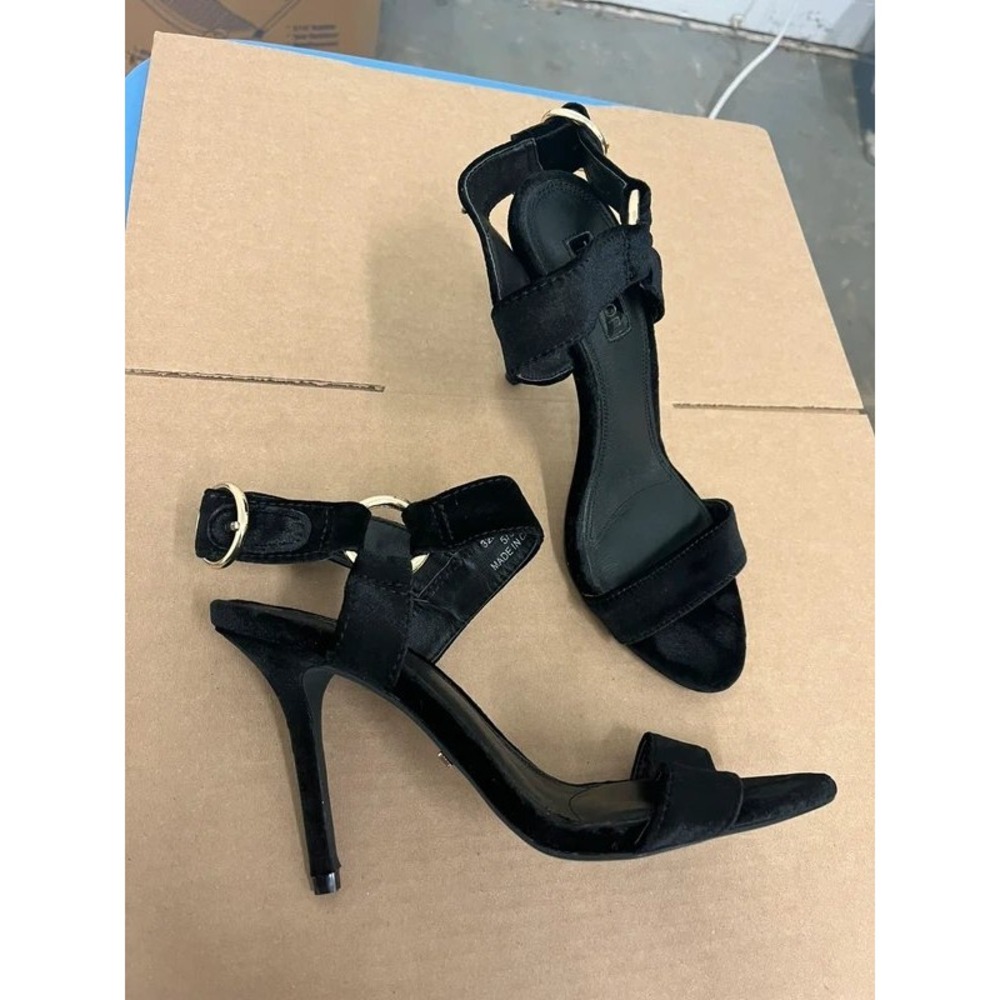 Topshop Womens Black Velvet Ankle Strap Stiletto Gold Buckle Open Toe Heels